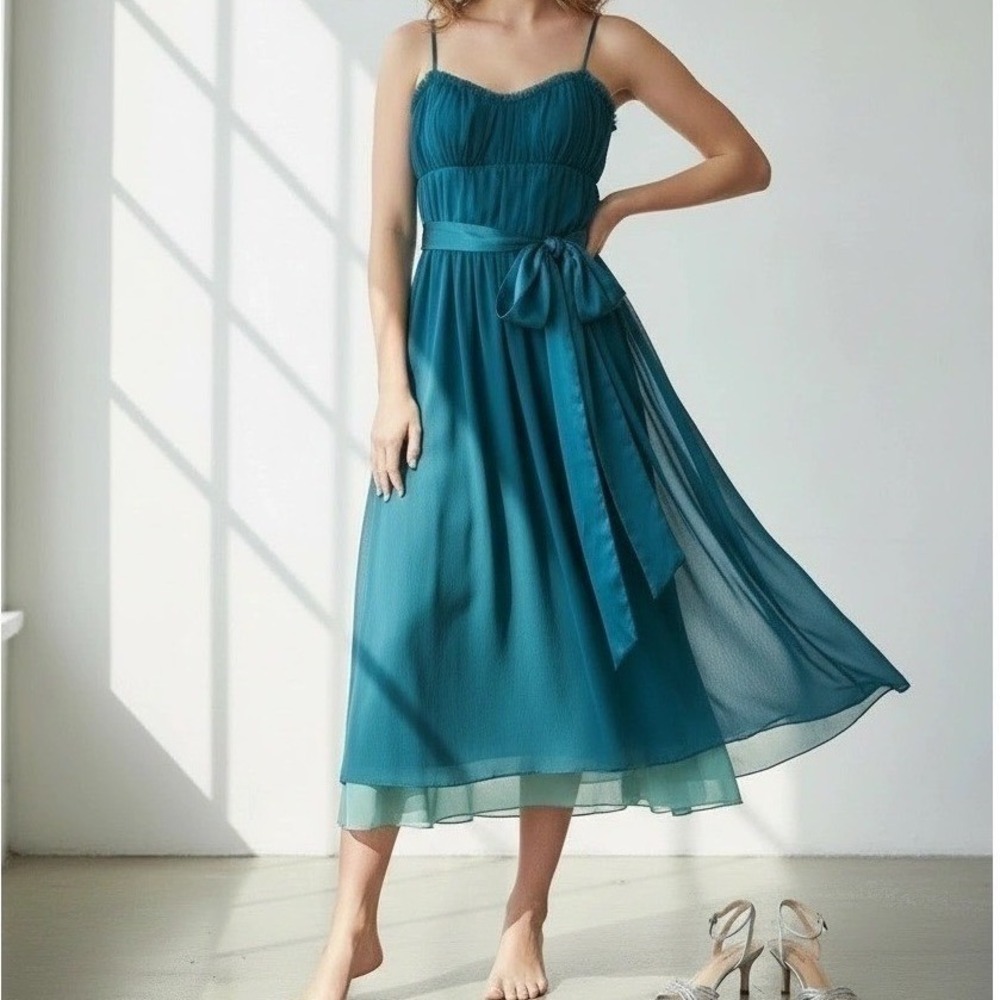 Vintage ABS By Allen Schwartz Dress 2 Teal Chiffon Ruffle‎ Fairycore Mermaidcore